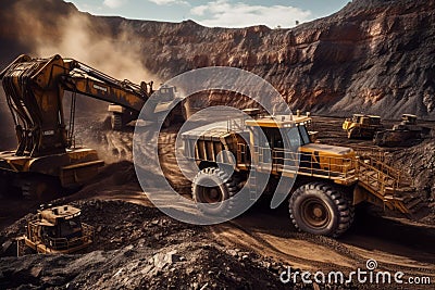 Heavy machinery, such as excavators and dump trucks, operating in a mining pit, highlighting the industrial nature and scale of Stock Photo