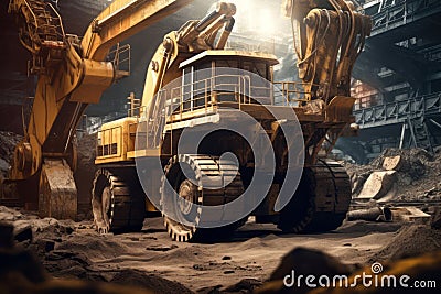 Heavy machinery, such as excavators and dump trucks, operating in a mining pit, highlighting the industrial nature and scale of Stock Photo