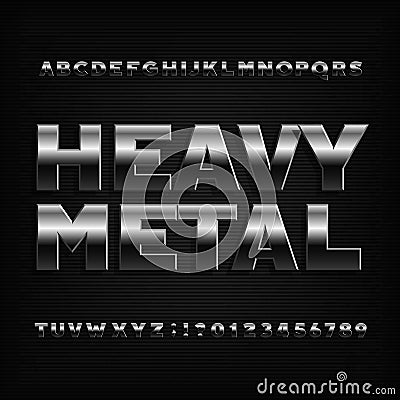 Heavy metal alphabet font. Bold chrome effect letters, numbers and symbols. Vector Illustration