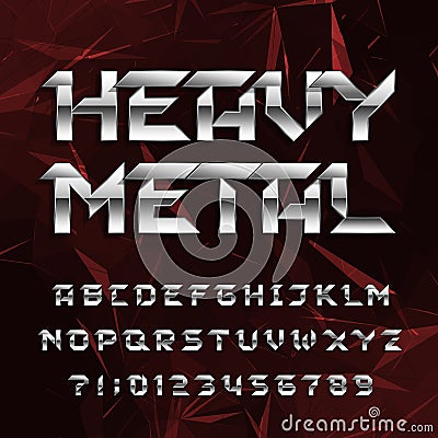 Heavy metal alphabet font. Chrome effect letters and numbers on abstract polygonal background. Vector Illustration