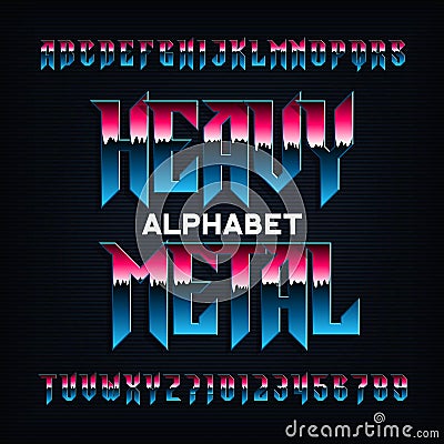 Heavy metal alphabet font. Metal effect beveled letters, numbers and symbols. Vector Illustration