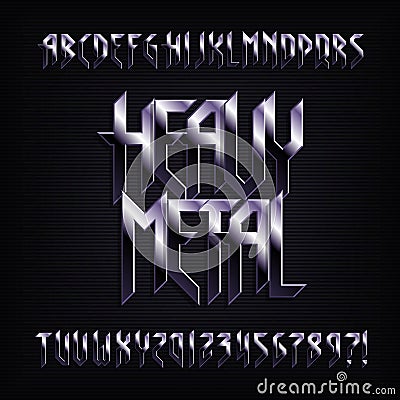 Heavy metal alphabet font. Metal effect shiny letters, numbers and symbols. Vector Illustration