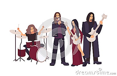 Heavy metal or gothic rock band performing on stage. Men and women with long hair singing and playing music during Vector Illustration