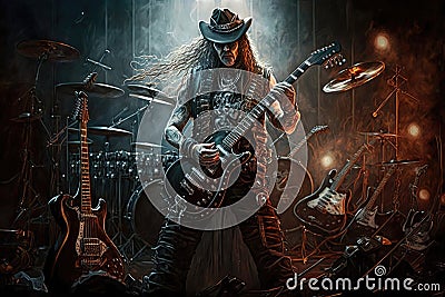heavy metal guitarist, with bandmates and instruments, preparing for concert Stock Photo
