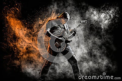 heavy metal guitarist, with fiery guitar solo, in dark and smoke-filled room Stock Photo