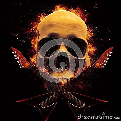 Heavy metal guitars and a cranium of a skull on fire Stock Photo