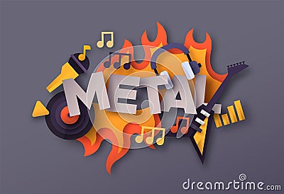 Heavy metal rock music quote papercut musical icon Vector Illustration