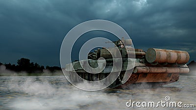 Heavy Military Tank in Battlefield Landscape at Sunset with Beautiful Sky. 3D Rendering Stock Photo