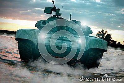 Heavy Military Tank in Battlefield Landscape at Sunset with Beautiful Sky. 3D Rendering Stock Photo