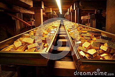 Heavy Piles gold bar conveyor debt. Generate Ai Stock Photo