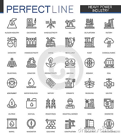 Heavy power industry thin line web icons set. Factory and renewable energy Outline stroke icons design. Vector Illustration