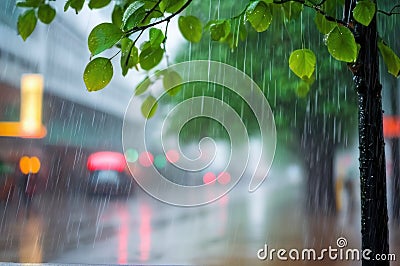 Heavy rain in the city. Close up Tree on a blurred background. Spring or autumn urban concept. AI Stock Photo