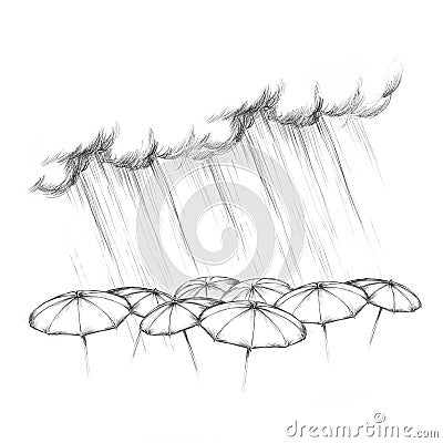 Heavy rain on different umbrellas Stock Photo