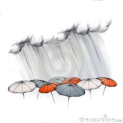 Heavy rain on different umbrellas Stock Photo