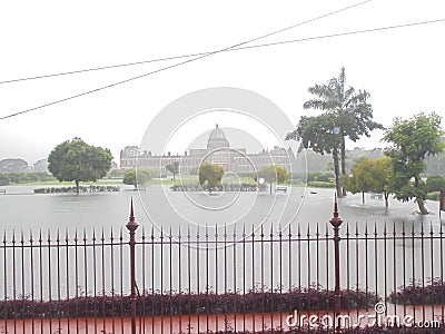 HEAVY RAIN FALLING IN COOCHBEHAR RAJBARI GROUND Stock Photo