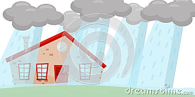 Heavy rain flooding living house. Huge gray clouds. Natural disaster. Emergency situation. Flat vector design Vector Illustration