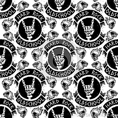 Heavy rock music badge vector vintage label with punk skull seamless pattern background hard sound sticker emblem Vector Illustration