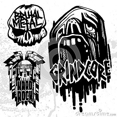 Heavy rock music badge vector vintage labels with punk skull symbols hard sound sticker print emblem illustration Vector Illustration