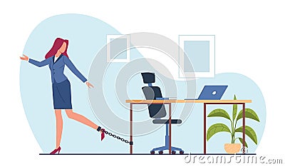 Heavy slave office work, girl employee chained to desk. Overworked woman. Depressed stressed businesswoman on workplace Vector Illustration