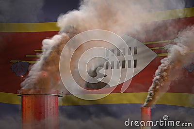 Heavy smoke of industrial chimneys on Swaziland flag - global warming concept, background with space for your logo - industrial 3D Cartoon Illustration