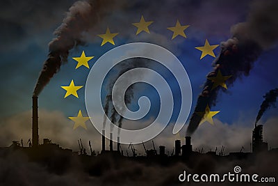 Heavy smoke of industrial pipes on European Union flag - global warming concept, background with space for your logo - industrial Cartoon Illustration