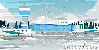 Heavy snow airport. Vector Illustration