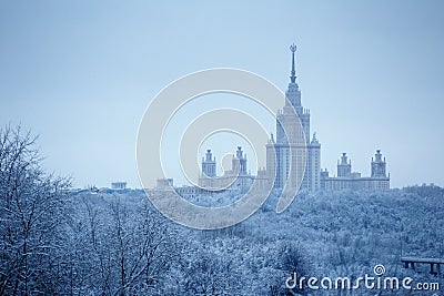 After heavy snowfall in Moscow snow-covered Lomonosov Moscow State University and park around it Stock Photo