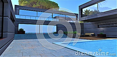 Heavy stone paving of square slabs as a floor finish in recreation areas near the pool in the yard of an advanced country house Stock Photo