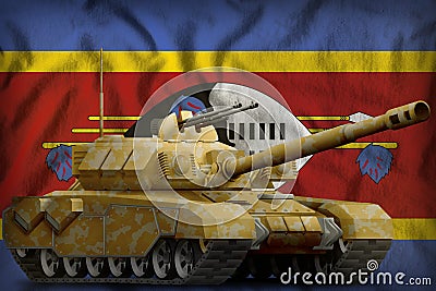 Heavy tank with desert camouflage on the Swaziland national flag background. 3d Illustration Stock Photo