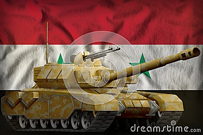 Heavy tank with desert camouflage on the Syrian Arab Republic national flag background. 3d Illustration Stock Photo