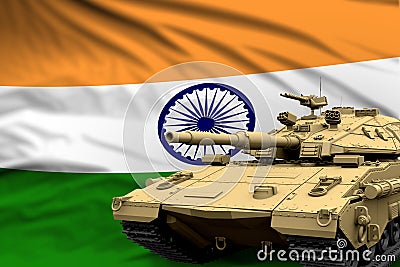 Heavy tank with fictional design on India flag background - modern tank army forces concept, military 3D Illustration Stock Photo