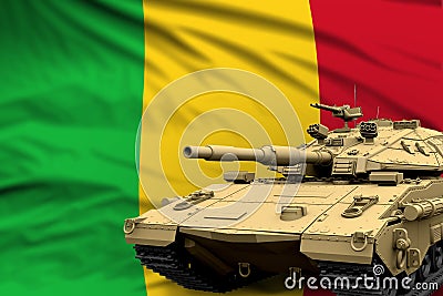 Mali modern tank with not real design on the flag background - tank army forces concept, military 3D Illustration Stock Photo