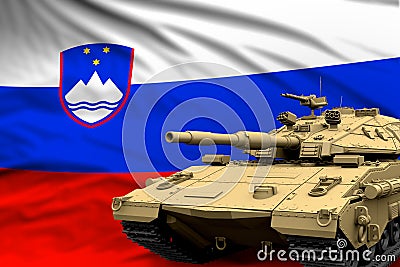 Heavy tank with fictional design on Slovenia flag background - modern tank army forces concept, military 3D Illustration Stock Photo