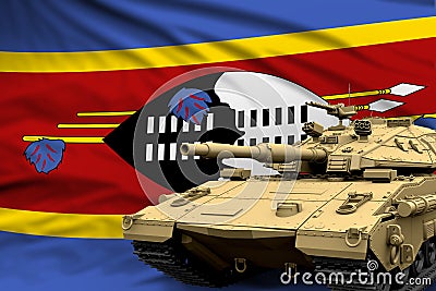 Heavy tank with fictional design on Swaziland flag background - modern tank army forces concept, military 3D Illustration Stock Photo