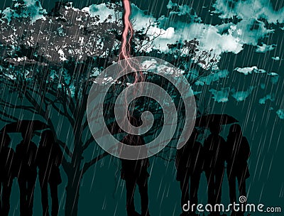 Heavy torrential rain, white clouds and lightning in dark sky. Silhouettes of a tree and people holding umbrellas. Cartoon Illustration