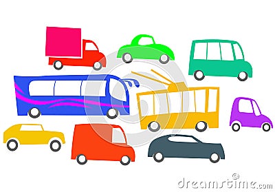 Heavy traffic in a big city. Many different cars in a traffic jam. Cartoon Illustration