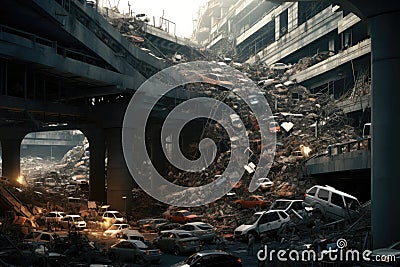 Heavy traffic jam in Kuala Lumpur, Malaysia, traffic collapse, futuristic city chaos, AI Generated Stock Photo