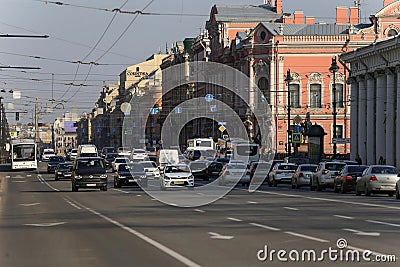 Heavy traffic on Nevsky Prospekt. Cars and public transport continue to move, despite the regime of self-isolation Editorial Stock Photo