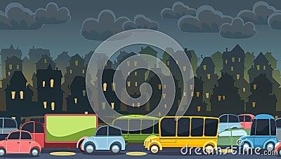 Heavy traffic on road. Seamless horizontal cartoon illustration. Asphalt path. Summer landscape. Different cars in comic Vector Illustration