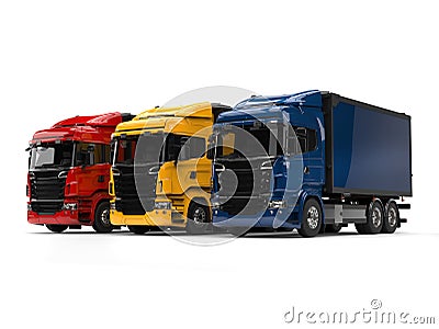 Heavy transport trucks - red, blue and yellow Stock Photo