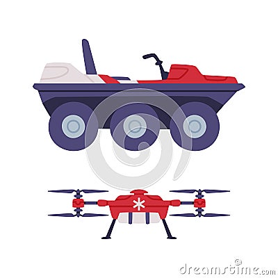 Heavy Truck and Quadcopter as Ambulance Emergency Rescue Service Vehicle and Medical Care Transport Vector Set Vector Illustration