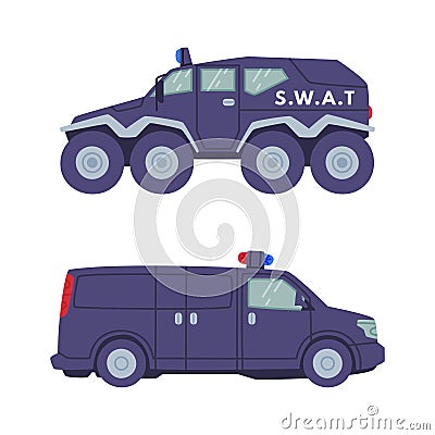 Heavy Truck and Van as SWAT Vehicle or Rescue Vehicle and Police Tactical Unit Vector Set Vector Illustration