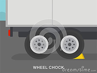 Heavy vehicle driving tips and safety rules. Close-up view of wheel stopper or chock. Vector Illustration