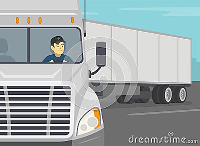 Heavy vehicle driving. Truck driver checking rear mirror while moving back. Close-up front view of a trailer. Vector Illustration