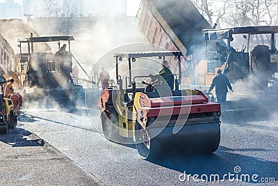 Heavy Vibration roller at asphalt pavement works Editorial Stock Photo