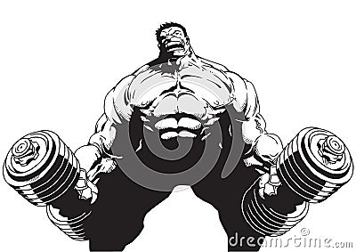 Bodybuilder with two heavy weight dumbbells Vector Illustration