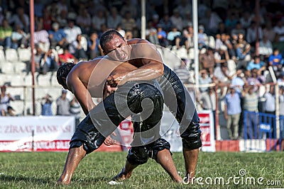 Heavy weight wrestlers competing at the Elmali Turkish Oil Wrestling Festival in Elmali, Turkey. Editorial Stock Photo