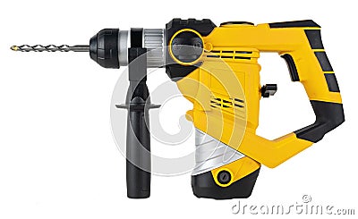 Heavy yellow black jack-hammer drilling drill machine hand tool isolated white background. Construction working industry tools Stock Photo