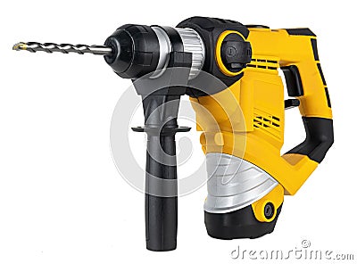 Heavy yellow black jack-hammer drilling drill machine hand tool isolated white background. Construction working industry tools Stock Photo