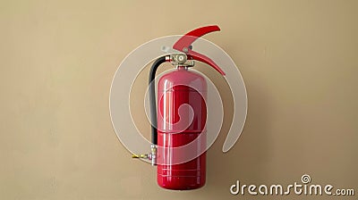 The heavyduty fire extinguisher hanging on the wall prepared for any potential fires Stock Photo